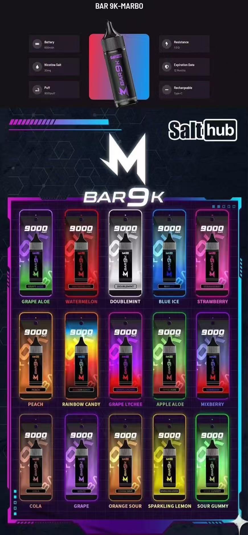 Marbo Bar 9000 Puffs：泰國馬博爆款拋棄式，雙網芯智能油電顯示，現貨供應(图1)